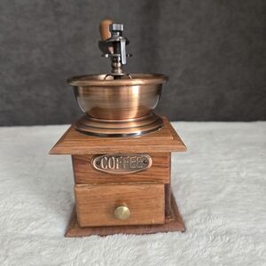 Vintage Wooden Coffee Grinder with Copper Accents